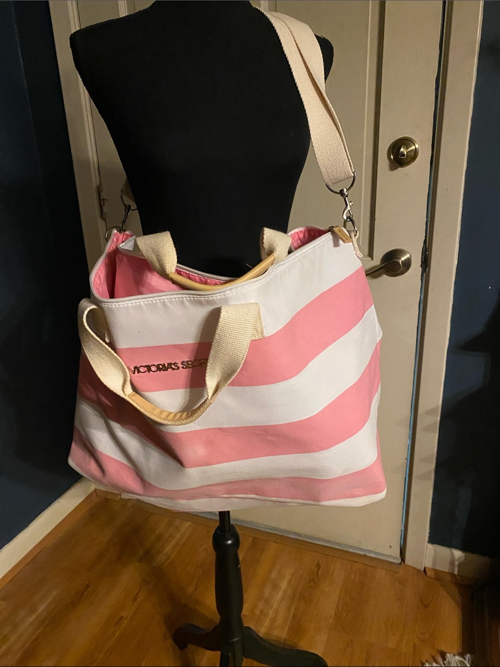 Victoria's Secret Pink and White Striped Canvas Tote with Cream Handles